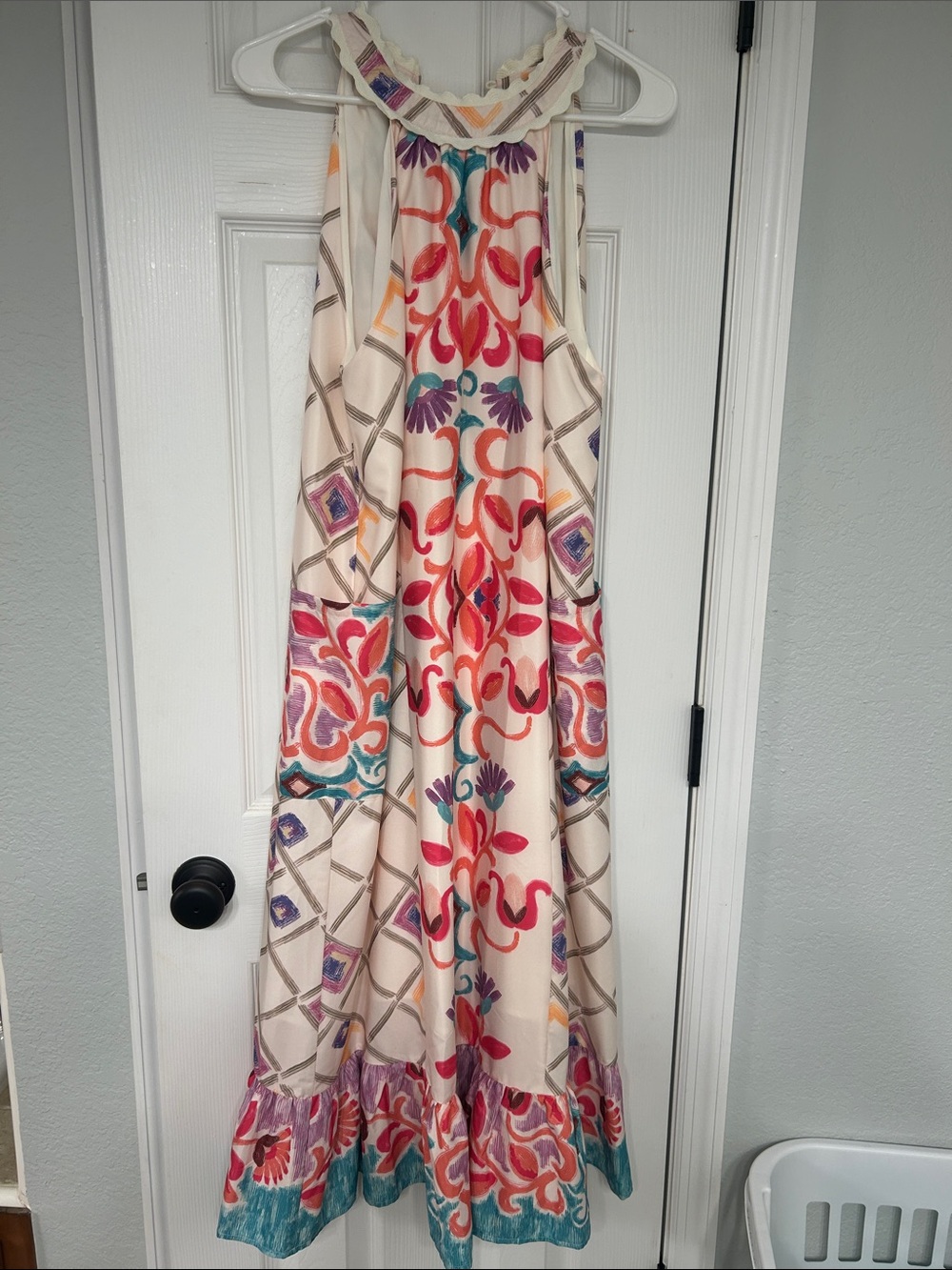 Umgee Cream Midi Dress with Pink, Red, Teal & Purple Print